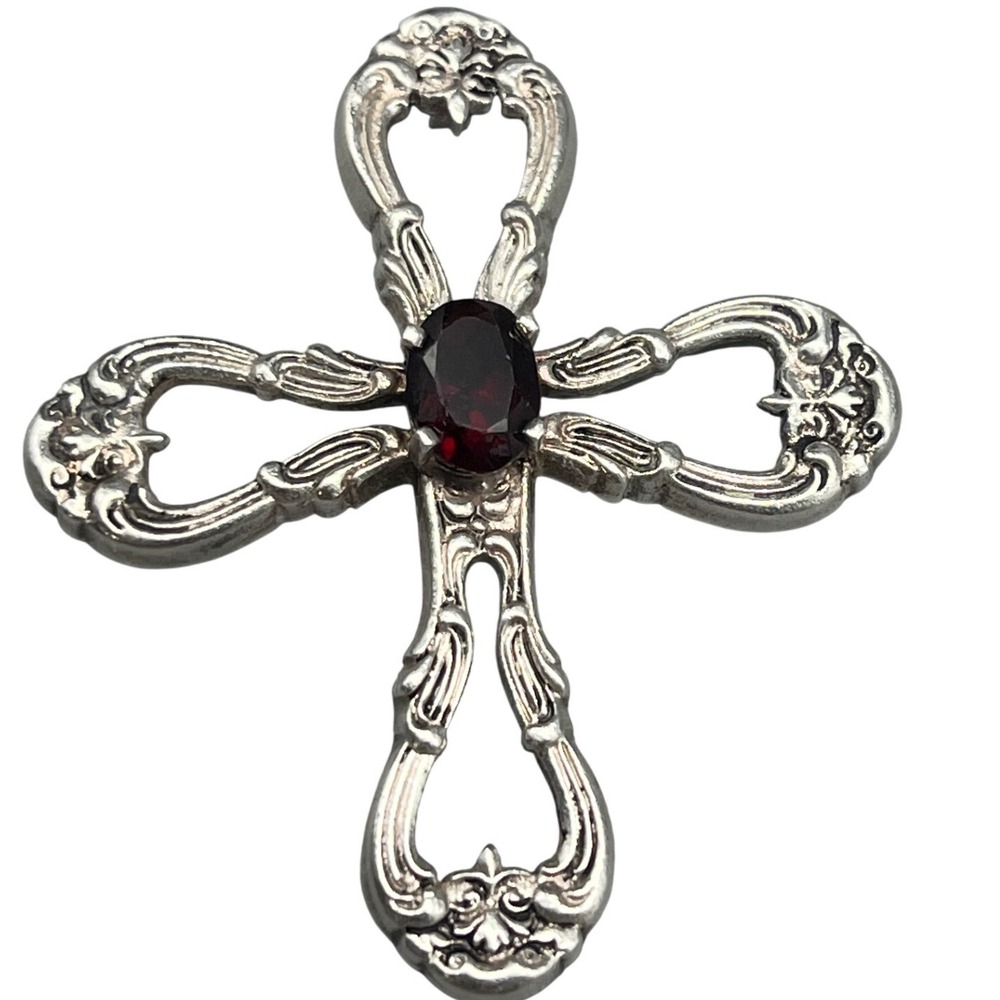 Vintage Gorham sterling silver ornate‎ cross pendant only garnet stone